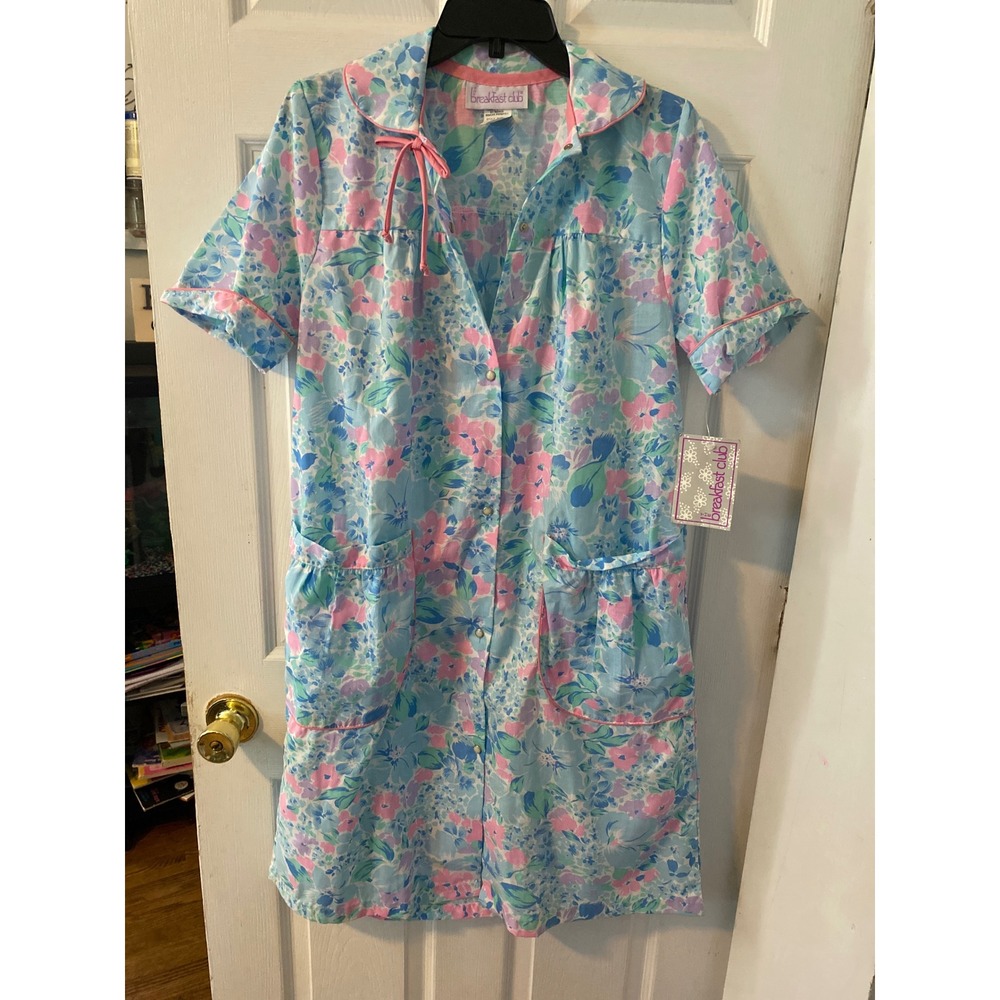 The Breakfast Club Vintage Floral Snap Front House Dress Duster Blue Pink Small
